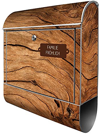 banjado® Design Briefkasten personalisiert Trockenes Holz 38,5x46,5x13cm & 2 Schlüssel - Briefkasten Stahl Silber Zeitungsfach pulverbeschichtet - Postkasten A4 Einwurf inkl. Montagematerial