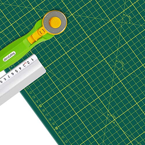 Schneidematte A1 (60x90cm) Gelb auf Grün und Rollschneider und 70cm Altera Aluminium-Schneidelineal mit Stahlkante