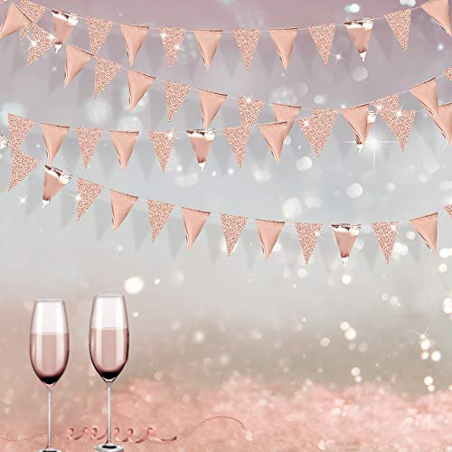 30 Feet Double Sided Glitter Paper Triangle Flag Bunting Pennant Banner for Birthday Holiday Wedding Anniversary Bridal Shower Hen Party Theme Party Supplies Decorations(Glitter+Metallic Rose Gold)