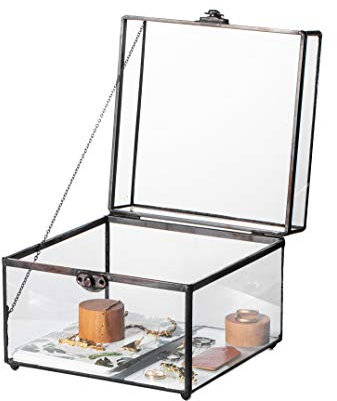 NCYP Aufbewahrungsbox aus Glas, 17,5 x 17,5 x 14 cm, Vintage-Terrarium, schwarzer Display-Organizer für Schmuck, Ringe, Ohrringe, dekorativ (nur Glasbox)