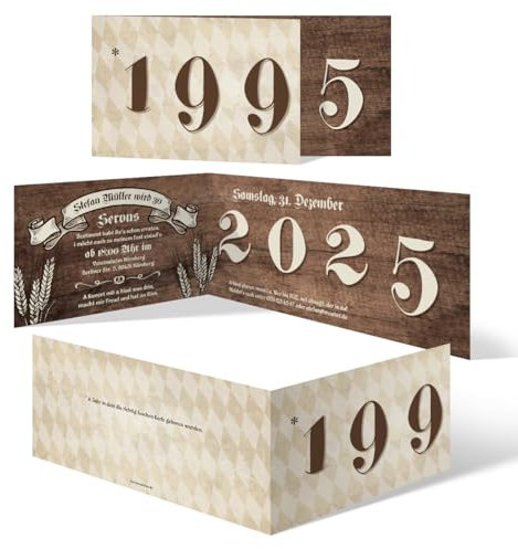 10 x Individuelle 30. Geburtstag Einladungskarten Klappkarten DIN Lang (210x98mm) - Bayerisches Holz