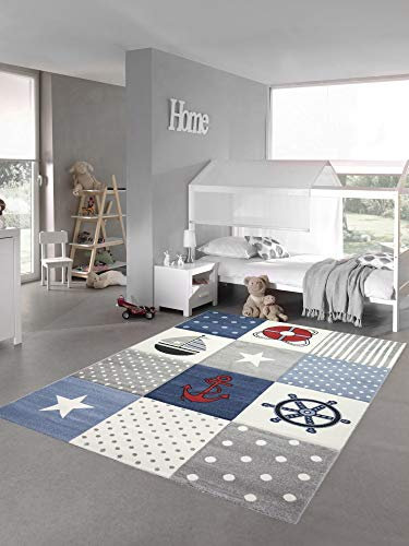 Kinderteppich Spielteppich Junge Teppich Maritim kariert in blau Creme grau Größe 140x200 cm