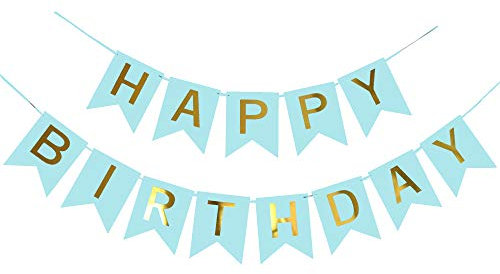 Teal Happy Birthday Banner with Shiny Gold Letters, Swallowtail Design Hanging Signs Party Decorations