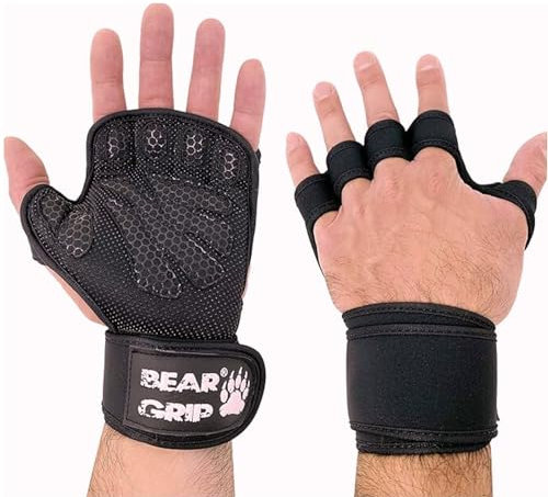 BEAR GRIP Offene Workout-Handschuhe - Handflächenschutz für Crossfit, Bodybuilding, Calisthenics, Powerlifting und Fitnesstraining für Damen und Herren (Schwarz, XL)