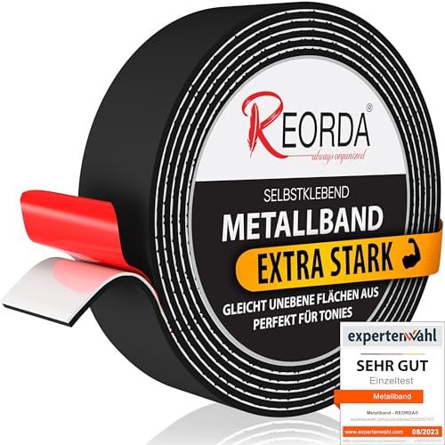 REORDA Metallband selbstklebend Schwarz - Ideal für Tonies®-Figuren & -Regale - Magnetband für Magnete I Ferroband I Magnetband selbstklebend I Eisenband (6m)