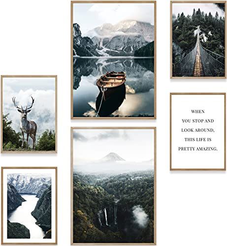 MUUDLY® Poster Set Natur Grün – 6 moderne Wandbilder in Grüntönen (2×A3, 4×A4) – Stilvolle Bilder fürs Wohnzimmer, Schlafzimmer – Natürliche Wanddeko ohne Rahmen