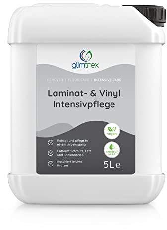 glimtrex Laminat Pflege & Vinyl Pflegemittel (5,0l) - Intensivpflege für reduzierte Abnutzung - auch anwendbar als Bodenpflege PVC & PU Pflegemittel - Bodenpflege Laminat kaschiert leichte Kratzer