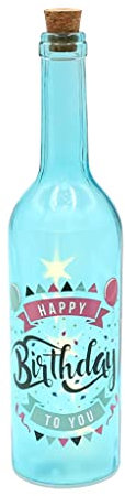 Dekohelden24 Bottiglia decorativa in vetro Happy Birthday con 5 LED, lunghezza 7 x 7 x 29 cm, colore blu, 29 cm, blu W-10025726