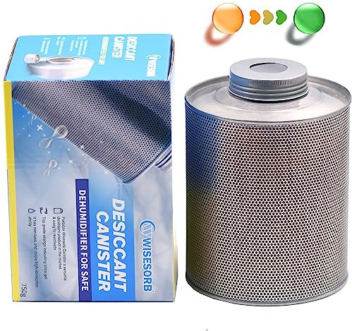 Wisesorb Gun Safe Dehumidifier, 750 Grams Reusable Canister Desiccant Dehumidifier, Rechargeable 1.65 Lbs Indicating Silica Gel Orange to Green, Pack of 1