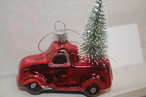 Auto aus Glas mit Tanne, Christbaumanhänger, Weihnachtsschmuck, L 8 cm