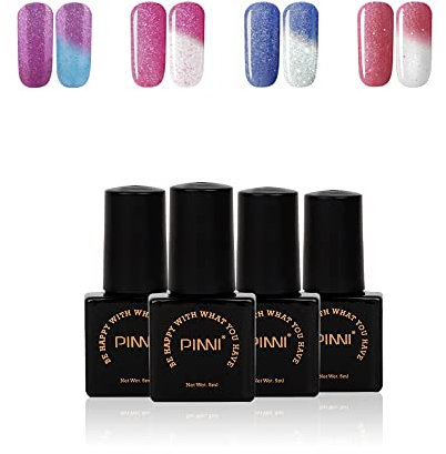 PINNI Temperature Colour Changing Gel Nail Polish Thermal Chameleon UV LED Nail Polishes for Manicure Nail Art Salon, 4 Glitter Colours Set, Dreamy Purple Blue Pink White Red, 5ML/PC