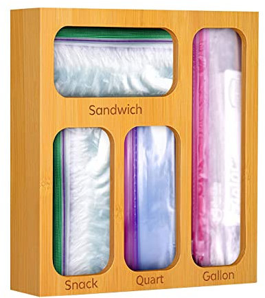 SJDWDX Organizador de almacenamiento de bolsas Ziplock de bambú para cajón, organizador de bolsas de almacenamiento de alimentos, compatible con galón, cuarto de galón, sándwich, bolsas Ziplock de