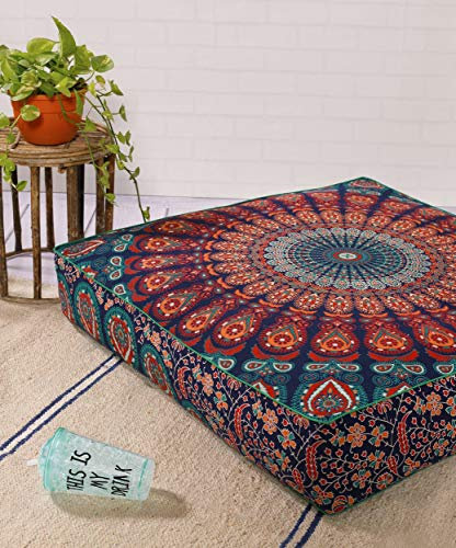 Quadratisches Hippie-Mandala-Bodenkissen, Ottoman-Polsterbezug, indisches Pfauen-Tagesbett, übergroß, Baumwolle, robuster Reißverschluss, Sitzgelegenheit, Ottoman, Hund, 50.8 cm, mehrfarbig