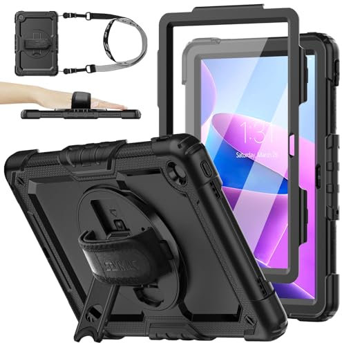 SEYMAC stock Funda para Lenovo Tab M10 Plus (3.ª Generación) 10.6 Pulgadas, Funda Resistente con Protector de Pantalla Portalápiz [Soporte Giratorio 360] Correa de Mano para Lenovo M10 Plus(Negro)