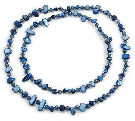 Avalaya Navy Blue Shell Nugget and Space Blue Glass Bead Long Necklace - 115cm Long
