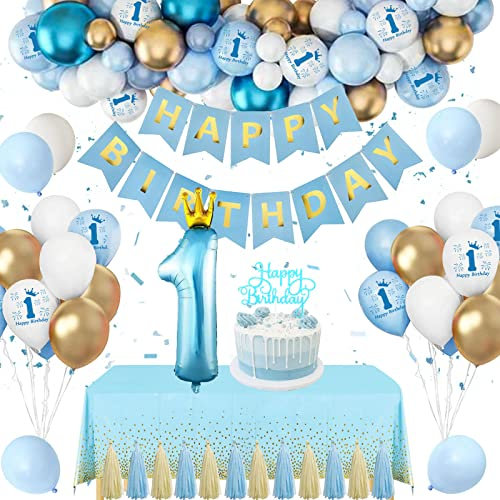 Tibimon Geburtstagsdeko 1 Jahr Junge, 1. Geburtstag Junge Blau Gold Luftballons Geburtstag, Deko 1. Geburtstag Junge Happy Birthday Banner für Jungen Kindergeburtstag Babyparty Deko