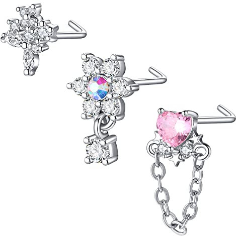 Mayhoop 20G 3Stk L Förmig Nasenring Nasenstecker Chirurgenstahl Nasen Stud Strass Silber Nasenpiercing Schmuck für Frauen Männer