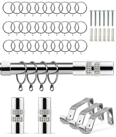 Emma Barclay Extendable Curtain Pole With Finials Rings Brackets & Fittings Sets 16-19mm in Chrome Metal Curtain Poles For Eyelet Curtains Rod - Diamante Collection 1.6m - 3m Chrome