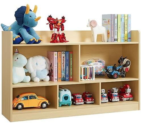 Kids Toy Storage Organizer, 5-Section Bookshelf for Organizing Books Toys, Wooden Storage Cabinet Daycare Furniture for School, Classroom Playroom, Nursery, Kindergarten (Natural)