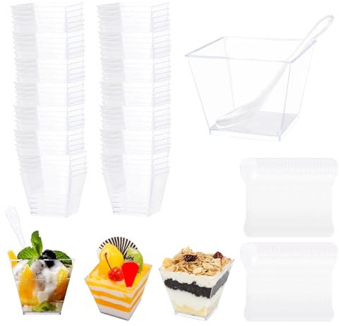 100 cuencos de postre, vasos de postre de 115 ml con 100 cucharas soperas, vasos de postre transparentes de plástico, reutilizables, juego de cuencos de postre para mousse, pudín, helados, postres,