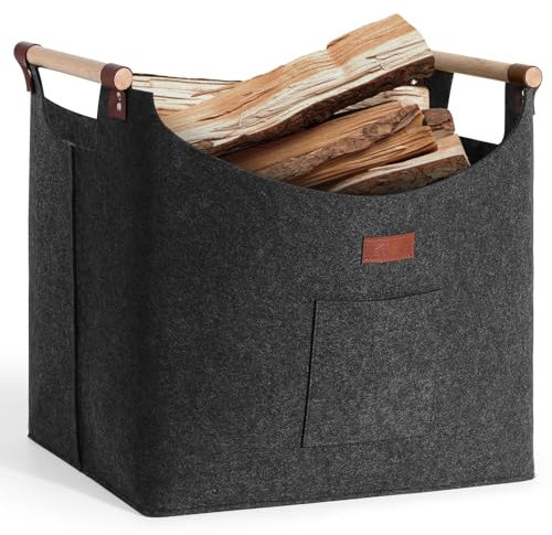 Cesta de madera XL para leña de chimenea, cesta para leña de chimenea de fieltro extra grueso, cesta de madera plegable para leña, cesta de fieltro para guardar leña, revistas y ropa sucia (gris