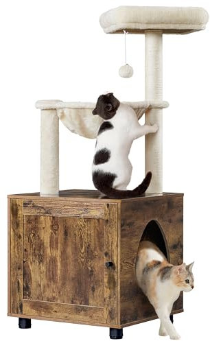 Yaheetech Árbol Rascador para Gatos con Mueble Casita de Arena 2 en 1 Altura 125 cm Marrón Rústico