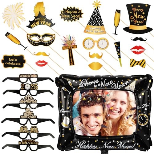 2025 Happy New Year Foto Booth Requisiten, aufblasbarer Selfie-Fotorahmen mit 6 Paar Partybrillen und 19 PCS lustige Requisiten, Photo Booth Zubehör für Silvester Party Dekoration