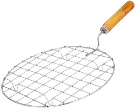Edelstahl Rund Bräter Netz mit Holzgriff, Braten Jali, Drahtbräter, Papad Jali - 1 Stück
