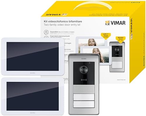VIMAR K42916 Kit videocitofono multifamiliare, touch screen, targa con lettore RFID con 2 pulsanti, distributore bus a 4 uscite, alimentatore multispina, staffe per fissaggio