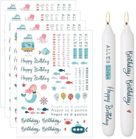 Bolosa 4 Stück Kerzentattoos Geburtstag, Kerzen Tattoo, Wasserschiebefolie, Kerzen Tattoo Geburtstag, Kerzensticker, Tattoo Folie Kerzen, für Gestaltung von Kerzen und Keramik, DIY C