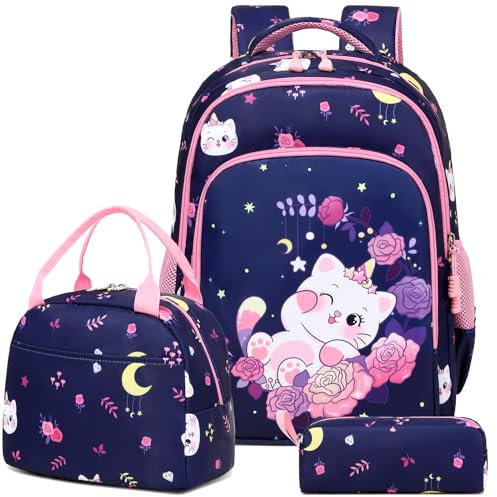 Katzen Rucksäcke für Mädchen Kinderucksack Schulranzen Kinder Mädchen Schultaschen 3 TLG. Sets für Schule 1-3 Klasse,Reisen Wandern
