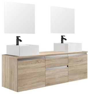Vente-unique-Mueble de baño suspendido con Doble Lavabo y Espejos - Natural Claro - 150 cm - Jimena II