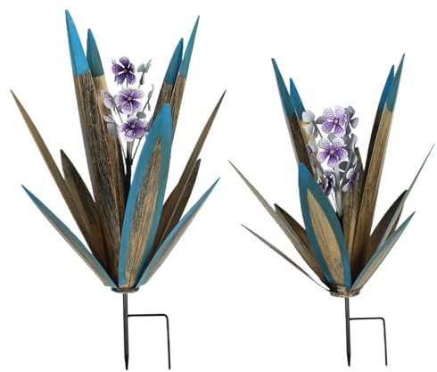 BEAHING 2PCS Metal Agave Plantes Décor extérieur, métal Agave Yard Art, 19 ＆ 16 dans Le Jardin métal Agave Solaire 7 Couleurs Auto éclair