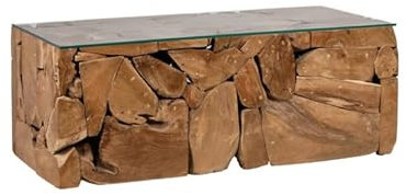 Belhome Table Basse Rectangle 120 x 60 cm Teck et Plateau Verre trempé - Kami -