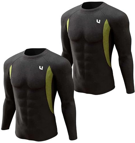 UNIQUEBELLA Pack of 2 Mens Thermal Underwear Long Sleeve Top Gym Base Layer T Shirt Warm Vests For Men Solid Black
