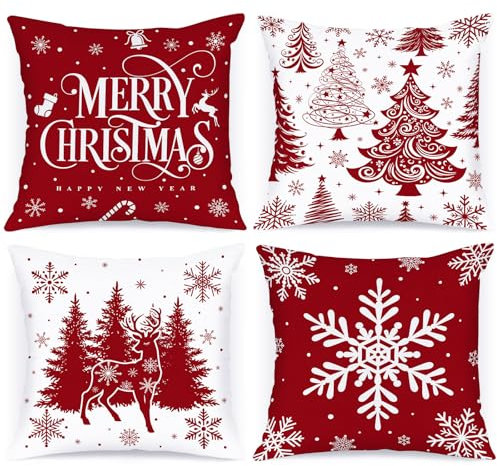 Lanpn 50 x 50 cm 4 Stück Kissenbezug Weihnachten, 50x50 cm Weihnachtsbäume Kissenbezüge Weihnachtsdeko, Rot deko Weihnachtsbäume Zierkissenbezug, Winter Kissenhülle Dekoration für Sofa Bed Couch