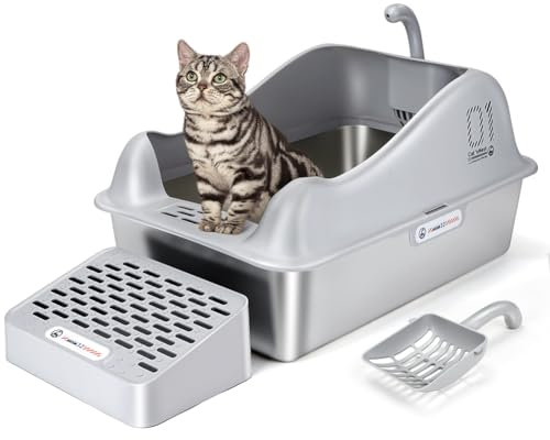 ULIGOTA Stainless Steel Cat Litter Tray with Detachable Enclosure, 31cm High Sided Extra Large Stainless Steel Cat Litter Box with Litter Scoop and Footboard, Non Stick & Never Absorb Smells