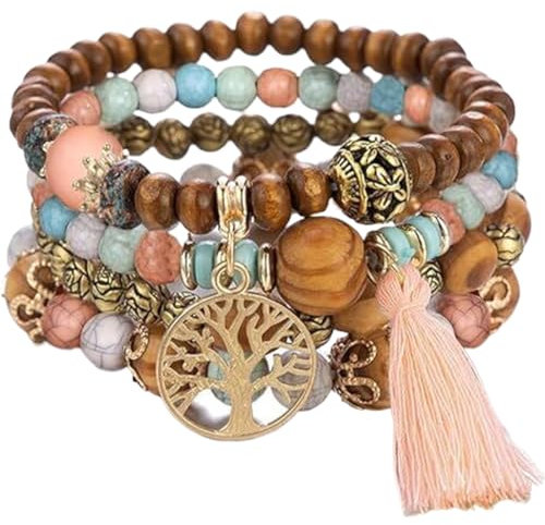 EIYVPRA 4 Stück Armbänder Holzperlen Quaste, armbänder, festival outfit damen, modeschmuck, Chakra für Frauen, Natürliches Kristall heilsteine, Frauen Baum des Lebens Charm Statement Armreifen, Perle