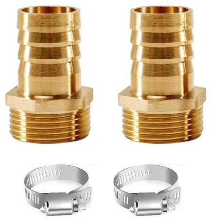 Wjelet 2 Stück 3/4 Zoll Schlauchtülle, Messing Schlauchverschraubung, AG x 25mm (3/4) Tülle, Schlauchverschraubung, Außengewinde Stecker Adapter mit 2 Schlauchschelle. ﻿