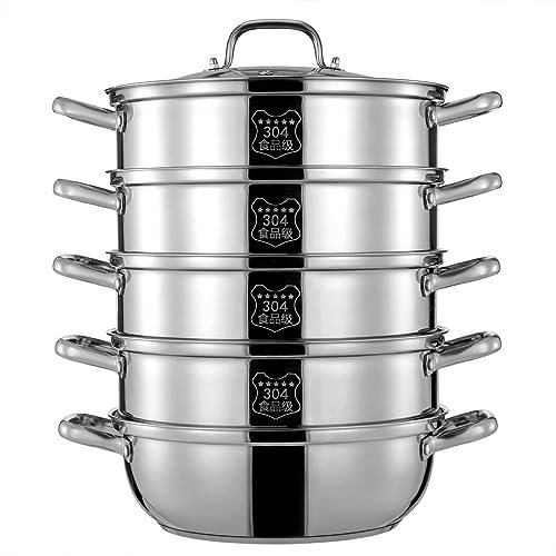 TFIANYNI Dampfgarer Edelstahl Topf 5 Etagen, Verdickter Boden, Dampftopf Mit Durchsichtiger Deckel, Vakuumgriff, Dampfkocher Topf (Äußerer Durchmesser: 30cm)