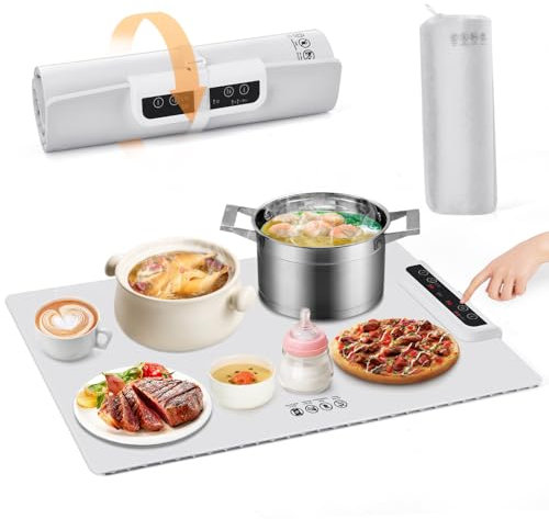 Lnopever Vassoio Riscaldante Elettrico,Tappetino Riscaldante in Silicone Portatile,Scaldavivande Elettrico Portatile Regolabile,60-100 ℃,Scaldavivande Elettrico, Materiale in Nano Silicone Pieghevole