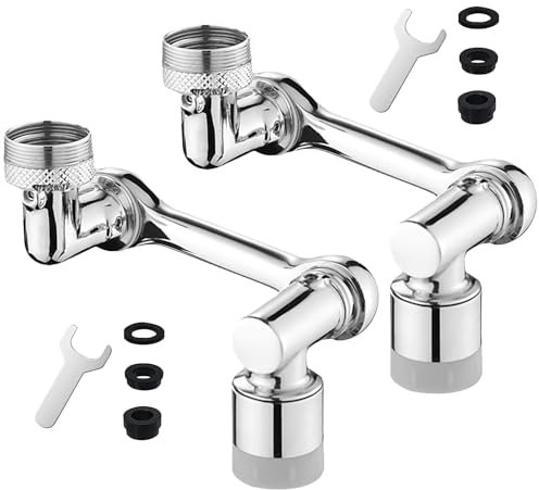 2Pcs 1440° Faucet Extender Tap Aerator Rotating 1080°+360° Robotic Arm Swivel Adapter Universal Model for Kitchen Sink Bathroom Upgrades Sink Dual Spray Modes Faucet Extension (Silver)