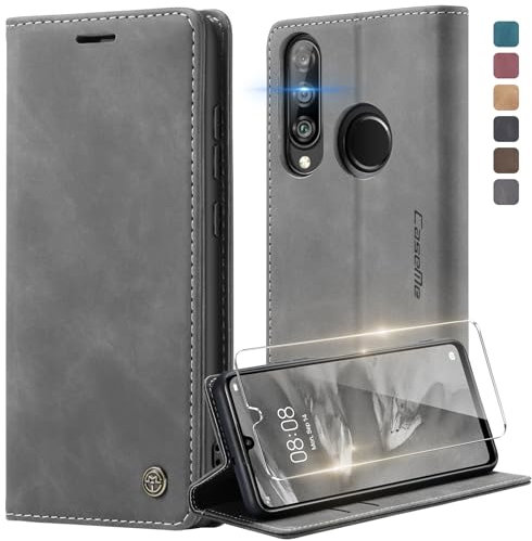 Deisyzy Handyhülle Kompatibel mit Huawei P30 Lite Hülle mit Schutzfolie, [Kartenfach] [Ständer] Premium PU Leder Schutzhülle, Magnet Klappbar Klapphülle Flip Case für P30 Lite - Grau