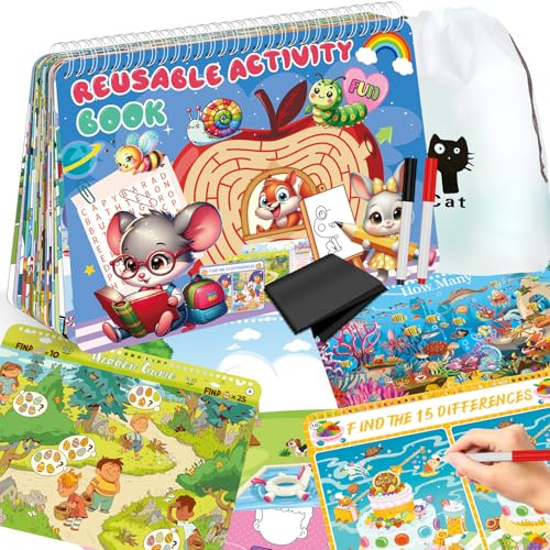 Elfew Wiederverwendbare Aktivitätsbücher für Kinder 3-6 Jahre, 30+ Lernspiele ab 3 Jahre, Vorschule Übungshefte ab 5 Jahren für Junge & Mädchen, Einschulung Geschenk für Kinder
