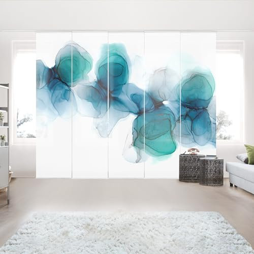 micasia Schiebegardine halbtransparent 60er Paneel Klett Kunstdruck Textil lichtdurchlässig - Motiv Aquarell Flächenvorhang türkis Wohnzimmer Schlafzimmer 2539 (300x250 cm - 5er Set)