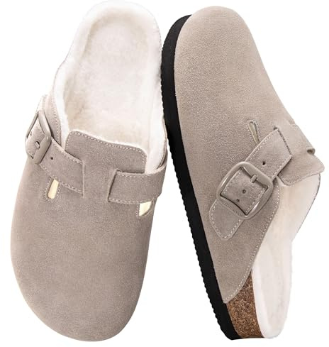 Fuzzy Suede Clogs for Women Fur Lined Leather Mules Soft Non Slip Potato Shoes with Arch Support Taupe