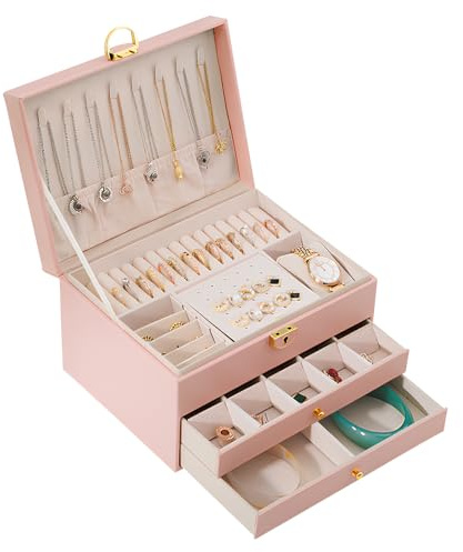 HOUSLUX Jewellery Storage 3 Levels, Stackable Jewellery Storage, 2 Drawers 23 x 17 x 13.5 cm (Pink)