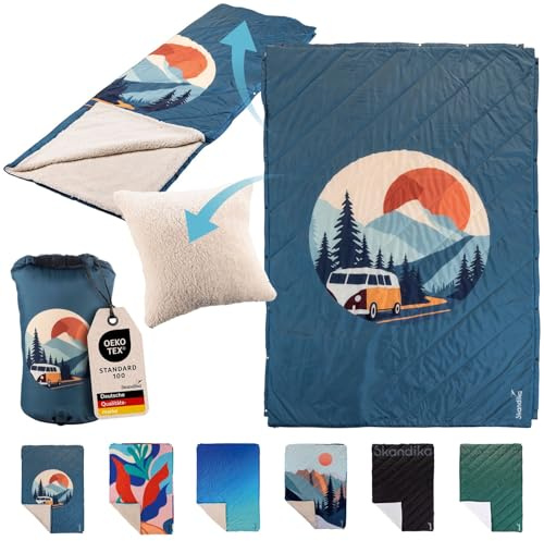 Skandika Campingdecke Liva | 4-in-1 Outdoor Decke, 200 x 135 cm, Überwurf, Schlafsack, Kissen, mit Teddyfell oder Nylon Unterseite, Wattierung aus Polyester, wasserdicht (Bus | Teddyfell)