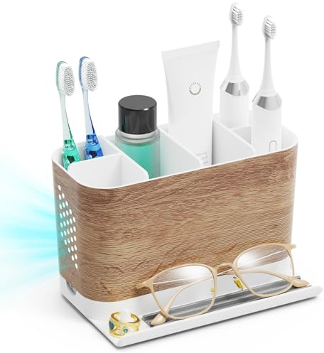 Zahnbürstenhalter Familie Groß Holzoptik Zahnbürsten Organizer mit Telefonhalter und Verstellbaren Trennwänden, Kabelfreundlicher 6 Fächer Zahnputz Organizer mit Ablauf für Familie, Kinder