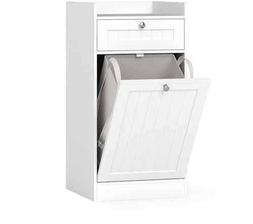 LIFEZEAL Cesto Biancheria Sporca a 1 Scomparto, Bianco, con Sacco Rimovibile, Cassetto, Piano Portaoggetti, Mobile Portabiancheria, Cestino Estraibile, per Lavanderia, Bagno, 40,5x40x80cm